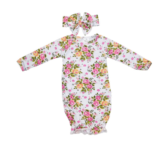 Floral baby gown and headband set